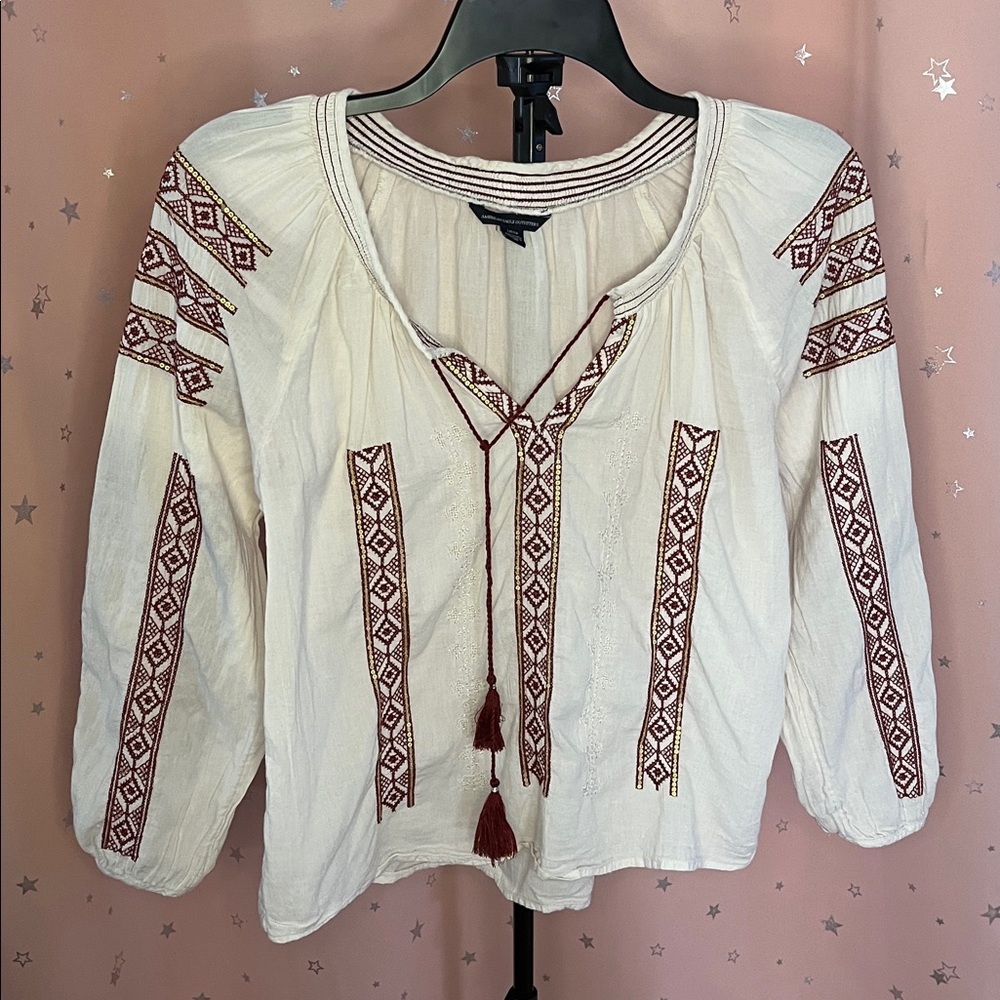 American Eagle Outfitters White and Red Embroidered Blouse